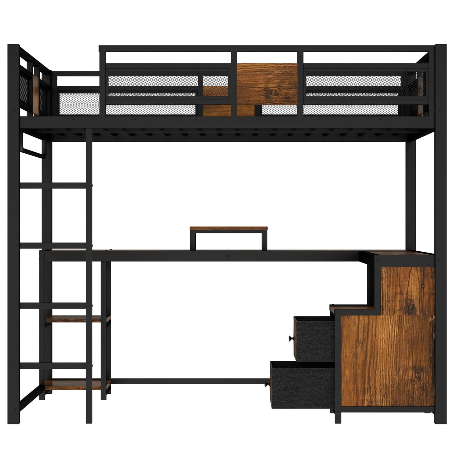 Bellemave Metal Queen Size Loft Bed with Desk and Non-Woven Fabric Drawers,Heavy Duty Loft Bed Frame with Clothes Rack and Storage Shelves for Kids,Teens,Adults, Space Saving,Black