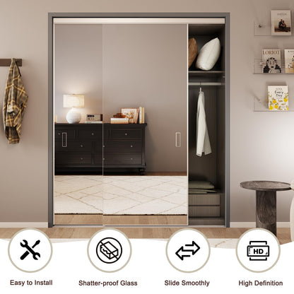 JUBEST Mirror Closet Doors, 72''x80'' One Side Sliding Closet Door with Hardware Kit, Interior Steel Frame Bypass Sliding Door for Closet, Easy to Install