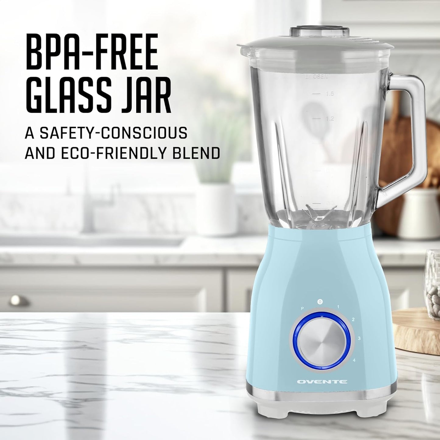 OVENTE Countertop Kitchen Blender - 550 Watts, Stainless Steel Blades, 50oz Glass Jar for Smoothies & More, Blue