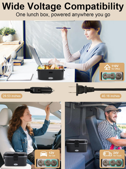 SOHIDA 1.8L+0.5L Heated Lunch Box for Men, 80W Electric Lunch Box with Long-handled Utensils for Adults, 12V/24V/110V Lonchera Eléctrica Portátil, Portable Food Warmer for Car/Truck/Office (Black)