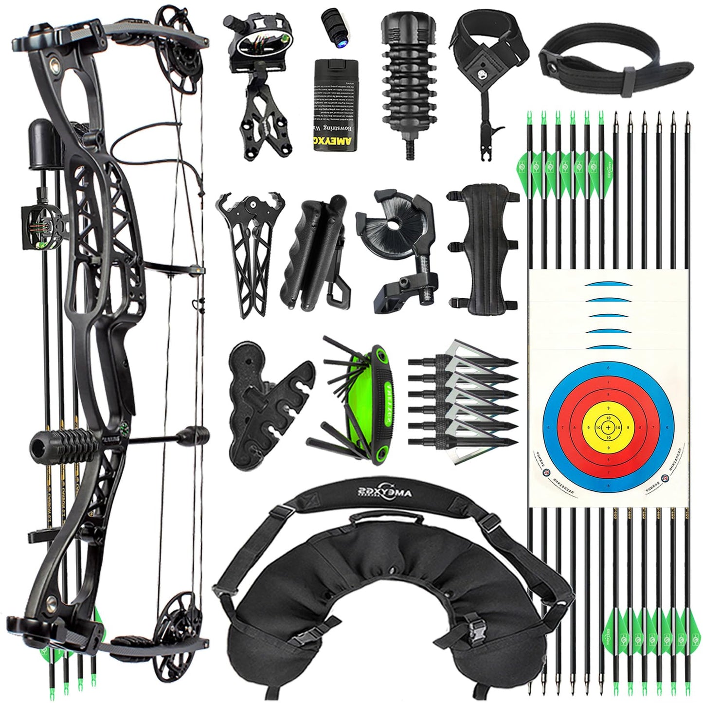 Surwolf Bow Composite Bow Set, 18" - 30" Drawing, 0.0-70 lbs, with All Accessories for Archery Hunting Target Shooting Practice RTH (Black)
