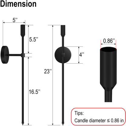23-inch Large Wall Candle Sconces, Set of 2, Wall Mounted Candle Holder, Modern Chic Home Decor for Bedroom, Dining Room, Living Room (Black)