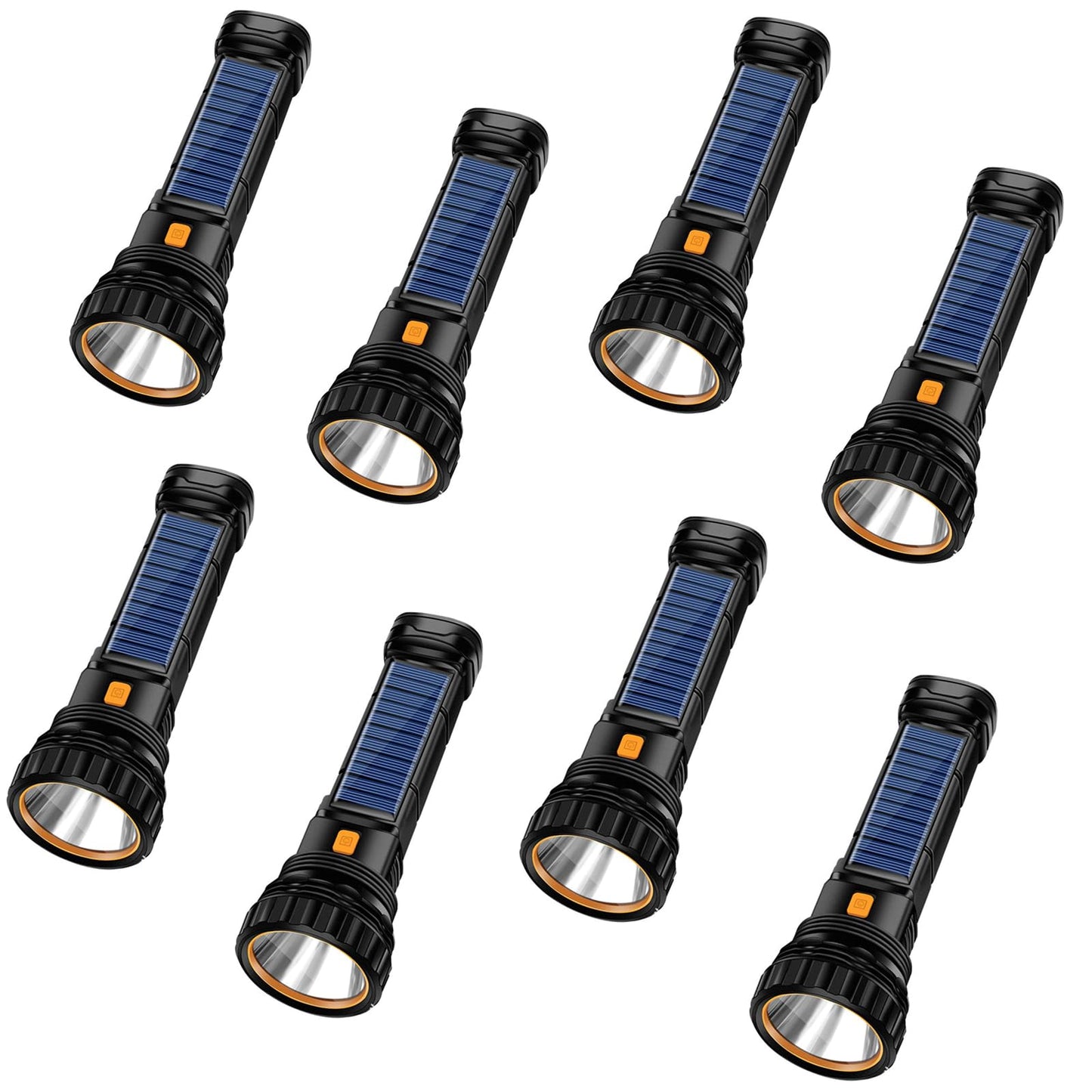 E-SHIDAI Solar/Rechargeable Multi Function 1000 Lumens LED Flashlight, with Emergency Strobe Light and 1200 Mah Battery, Emergency Power Supply and USB Charging Cable, Fast Charging (8PC)