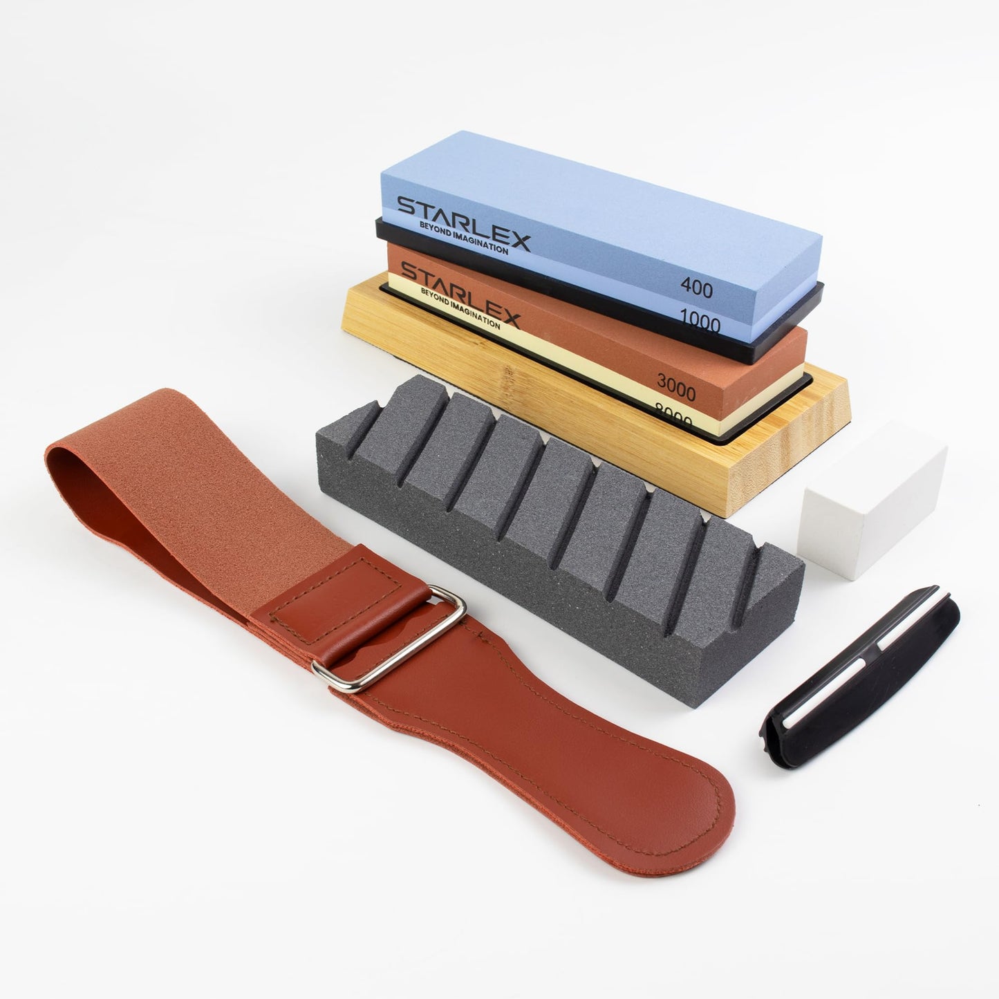 Premium Knife Sharpening Stone Set – Dual Grit Whetstones (400/1000 & 3000/8000), Leather Strop, Flattening Stone, Bamboo Base, Non-Slip Bases & Angle Guide for Kitchen, Chef & Hunting Knives