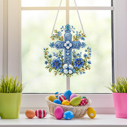NAIMOER Cross Flowers Diamond Art Hanging Kits for Adults, 5D Special Shaped Rhinestone, DIY Acrylic Spring Diamond Art Painting Window Pendants Home Garden Wall Hanging Ornament Kits, Double Sided
