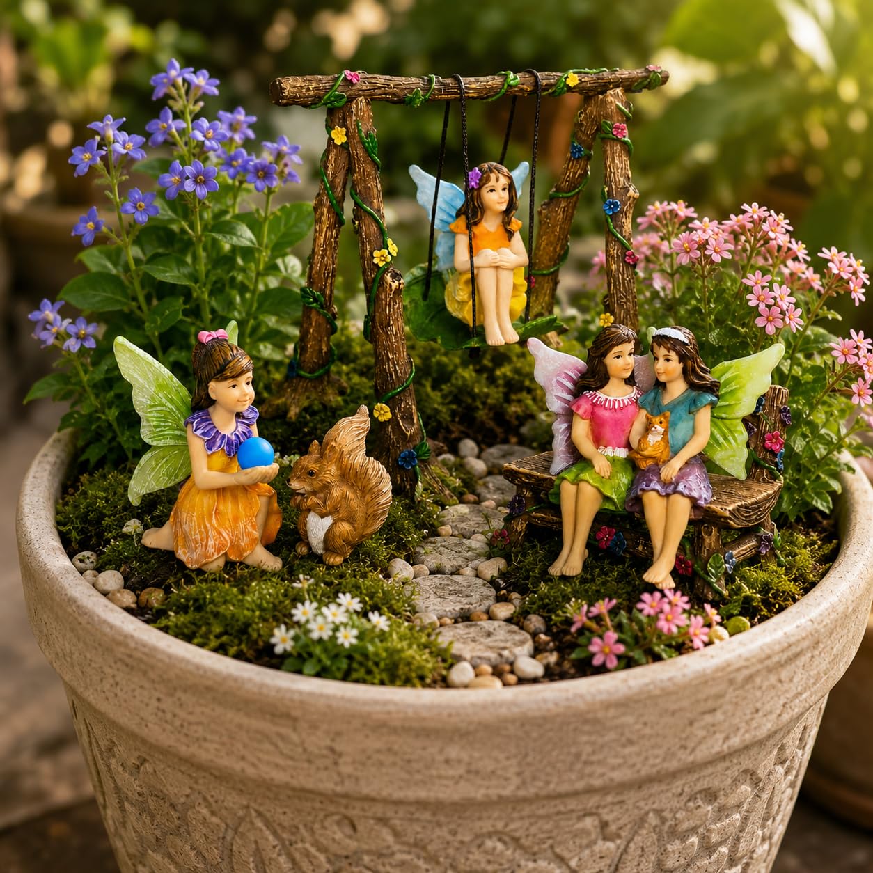 Mood Lab Fairy Garden Figurines with Swing - Miniature Accessories Set (6 pcs) - Outdoor Indoor Garden Decor
