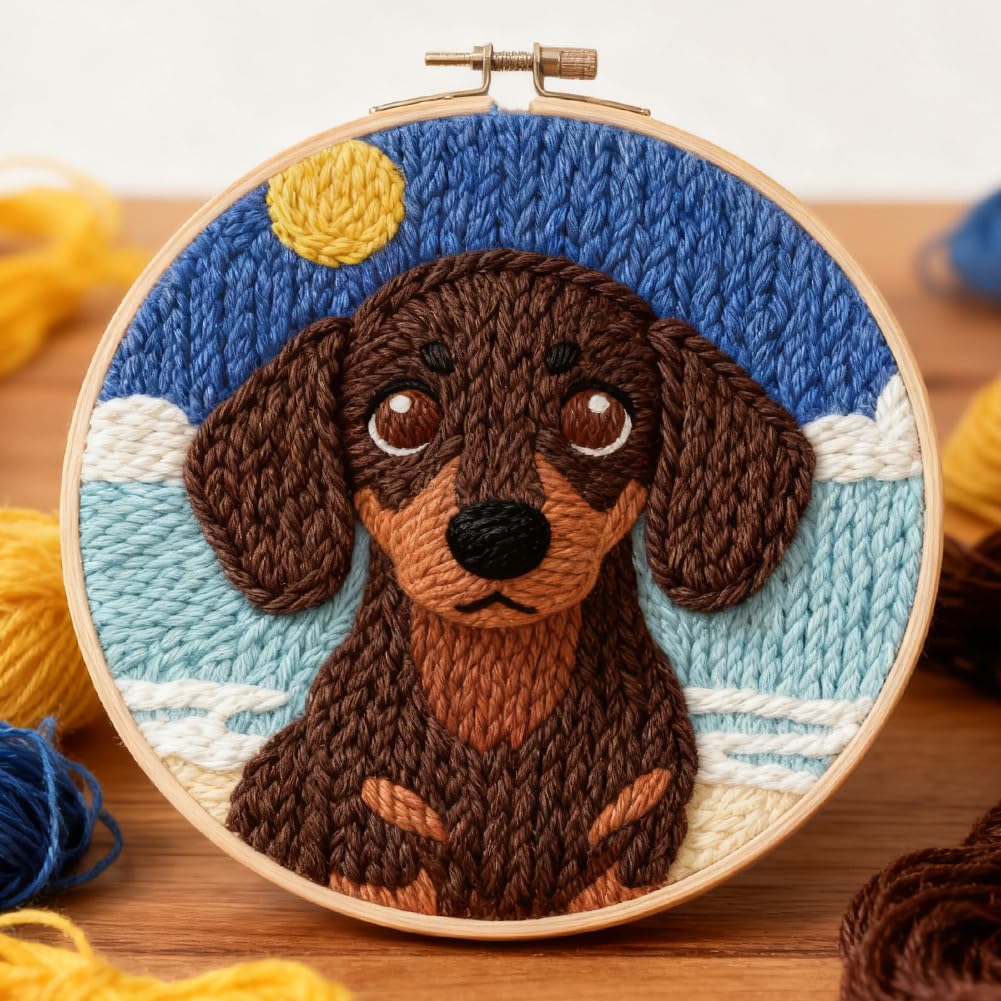 INFUNLY Dachshund Punch Needle Kits for Adults Beginners Brown Dog Needle Embroidery Starter Kit Puppy DIY Punch Needles Kit with Instruction Needles Fabric for Art Crafts Festival Gift Home Decor