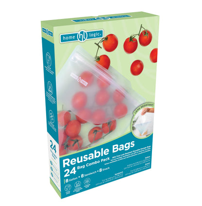 Home Logic Reusable Bag Combo Pack – 24 Leak Proof Food Storage Bags for Snacks & More – 8 Gallon Bags, 8 Sandwich Bags & 8 Snack Bags