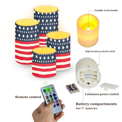 Merkmak American Flag Battery Operated Flameless Candles with Timer Remote 4 Pack Flickering LED Candles for Indoor Outdoor Coastal 4th of July Party Home Decorations