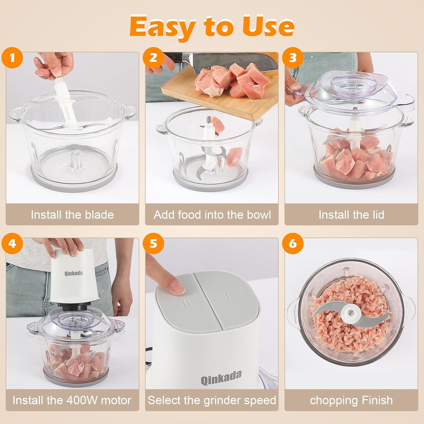 Food Processor Electric with 2 Bowls, 400W Meat Grinder, 8Cup Glass & 304 Stainless Steel, 2 Blades, Spatula (White)