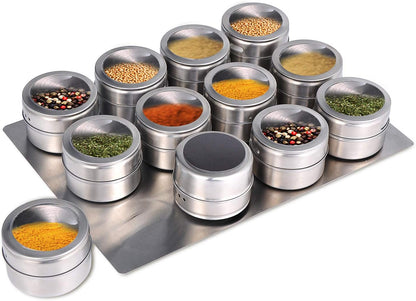 12pcs 94 Upgrade Magnetic Spice Jars with Wall Mounted,Stainless Steel Spice Tins with Lid and Small Holes for Sprinkle