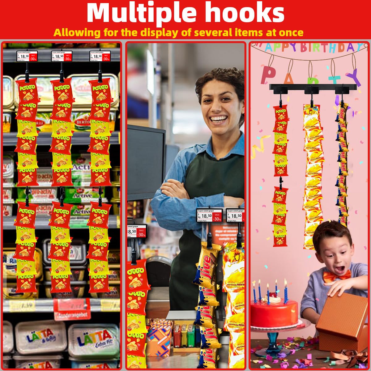 Dafftos Hanging Merchandise Strips with Hooks Chip Display Rack Stands Potato Bag Holder 12 Clips for Retail 32 inches Displaying Black Label Headers Card Snacks Metal 4 Pack