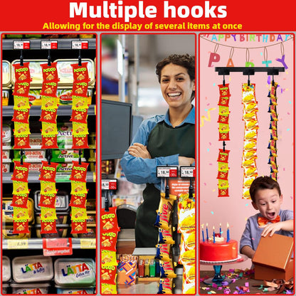 Dafftos Hanging Merchandise Strips with Hooks Chip Display Rack Stands Potato Bag Holder 12 Clips for Retail 32 inches Displaying Black Label Headers Card Snacks Metal 4 Pack