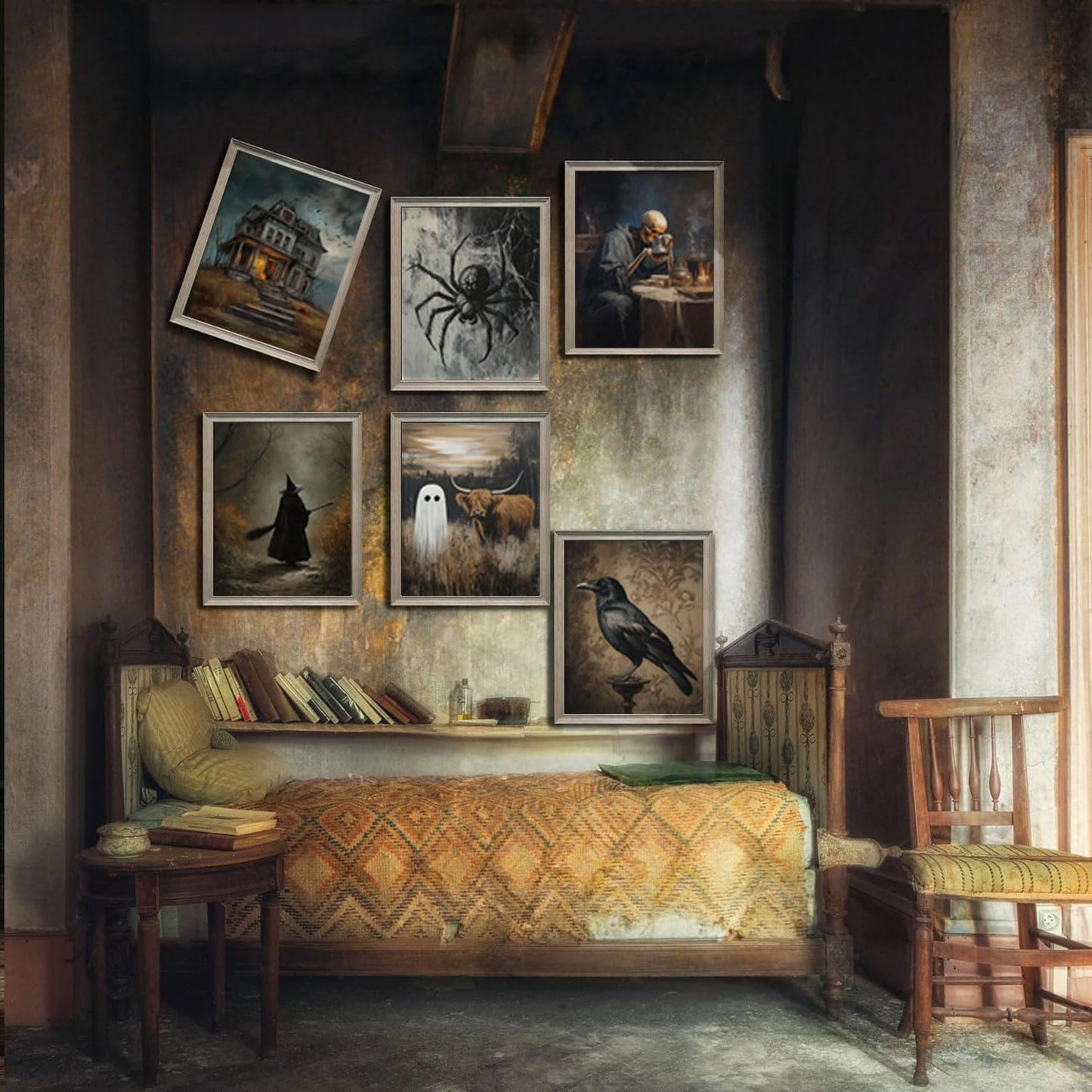 6Pcs Halloween Wall Art Creepy Dark Academia Wall Decor Pictures Ghost Wizard Skeletons Canvas Posters Prints for Gallery Living Room Bedroom Office Unframed