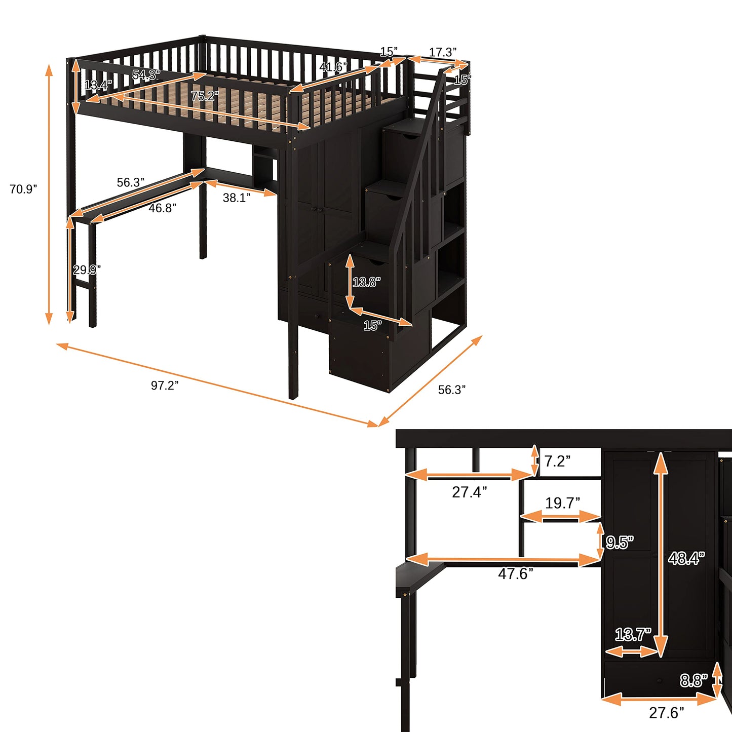Full Size Loft Beds Stairway Loft Bed Frame with Wardrobe, Desk, Bookcase and Drawers, Espresso