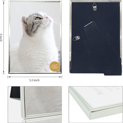 DECANIT 3.5x5 Metal Picture Frame, Thin Profile Photo Frame for Wall or Tabletop, Silver