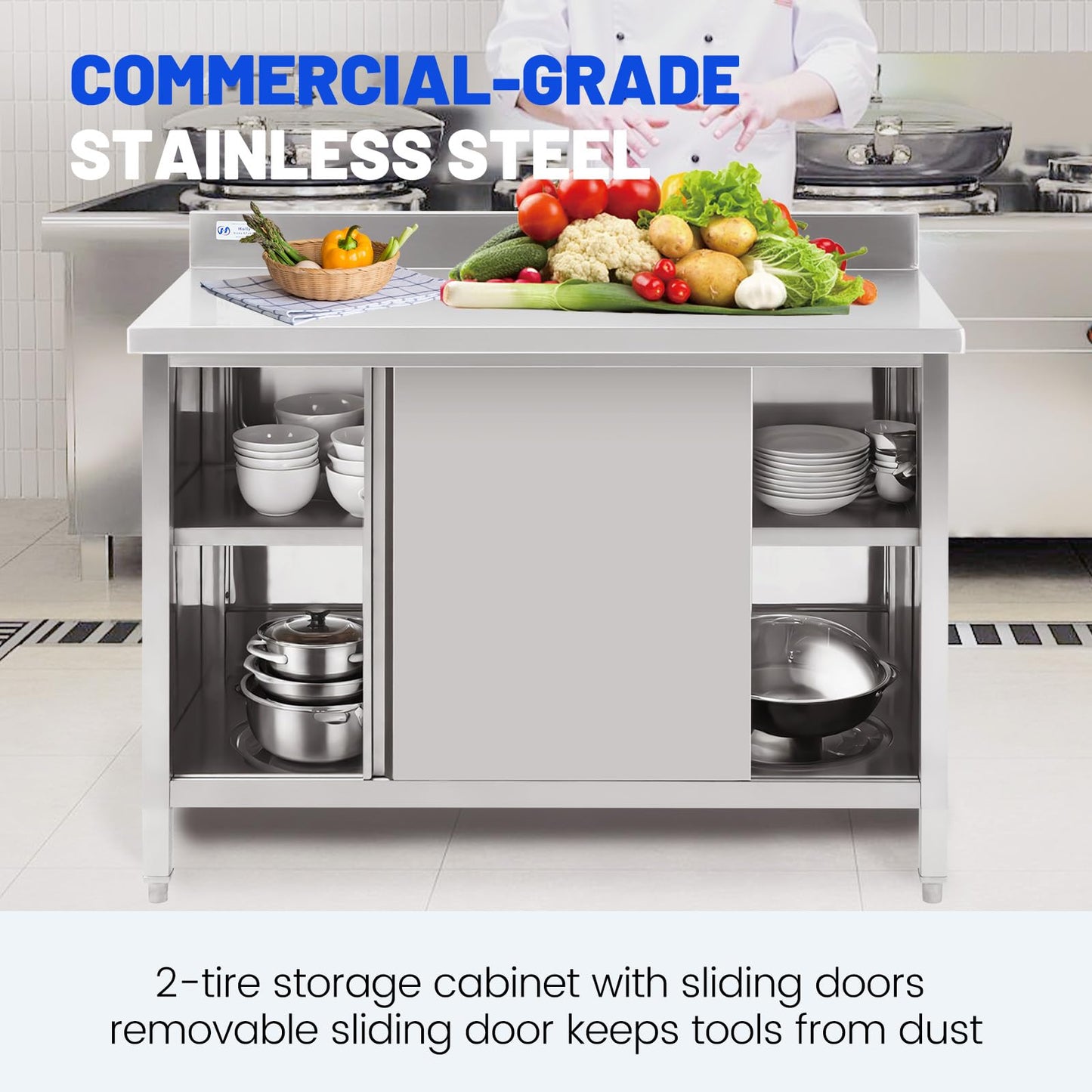Hally Stainless Steel Cabinet, 24" x 60" NSF Commercial Heavy Duty Prep Workbench with Backsplash and Two Sliding Doors, Large Storage Cabinet, Metal Table for Kitchen, Restaurant, Garage