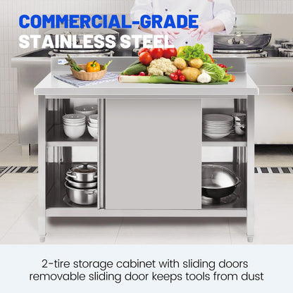 Hally Stainless Steel Cabinet, 24" x 60" NSF Commercial Heavy Duty Prep Workbench with Backsplash and Two Sliding Doors, Large Storage Cabinet, Metal Table for Kitchen, Restaurant, Garage