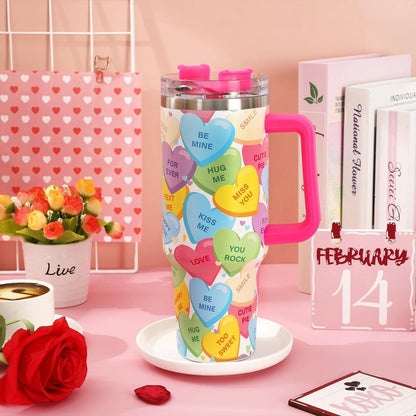 JarThenaAMCS Valentine's Day Tumbler with Lid Straw Stainless Steel Cup 40oz Colorful Conversation Heart Tumbler with Handle for Home Office Travel