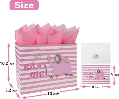Wishinside 13" Large Pink Gift Bag Set - 3D Elephant Design with Greeting Card & Tissue Paper | Perfect for Baby Showers & Kids' Birthdays