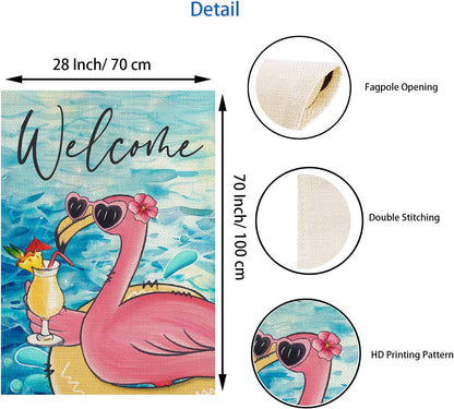 Welcome Summer House Flag, Flamingo Pool Decoration, Seasonal Outdoor Farmhouse Yard Double Sided 28x40 Inch