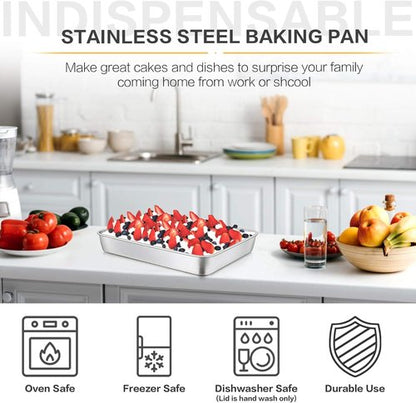 E-far Stainless Steel Baking Pan Set - 12⅓ x 9¾ Inch Rectangle Bakeware with Lids | Non-Toxic, Heavy Duty & Dishwasher Safe