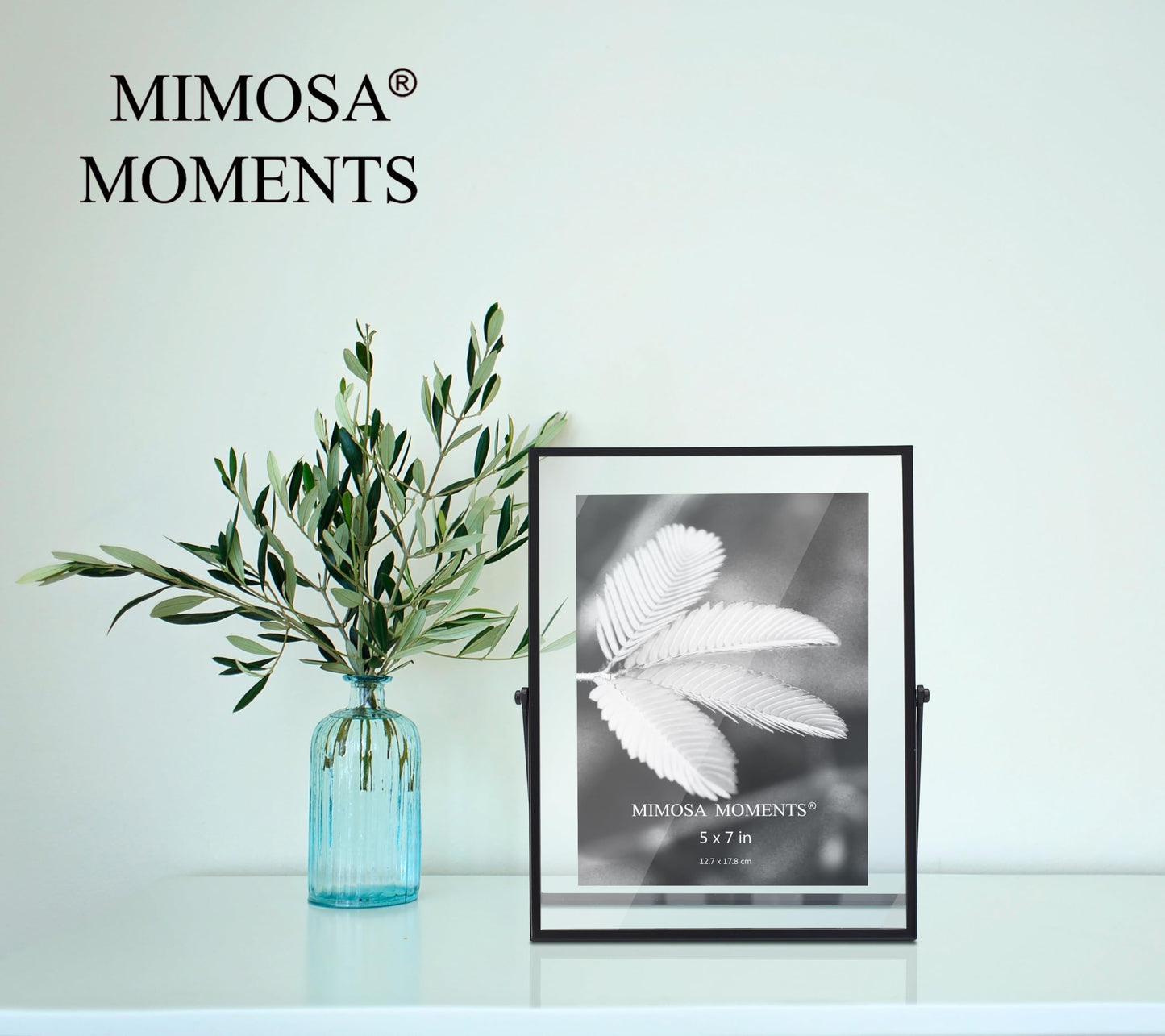 MIMOSA MOMENTS 5x7 Black Metal Floating Picture Frame, Double Glass Tabletop Display, Modern Minimalist Photo Frame for Home & Office Decor