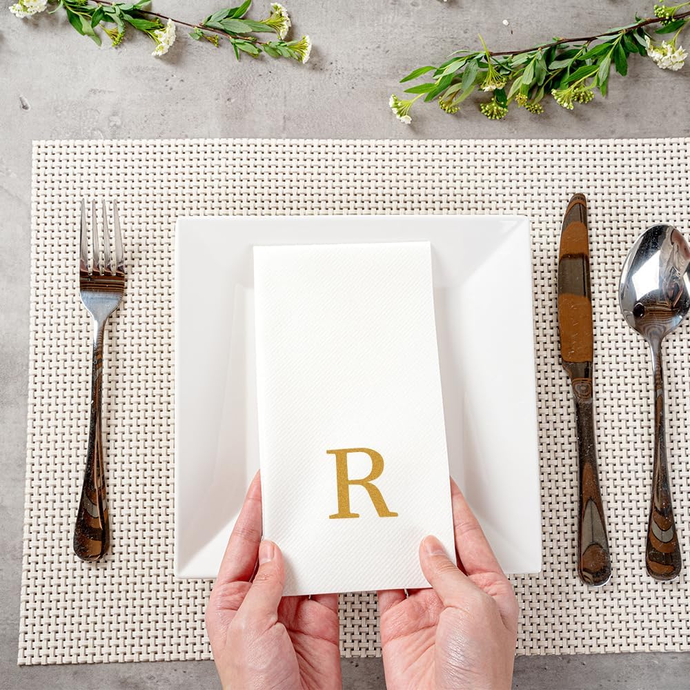 15.8 7.9 Inch 50 Luxenap X Linen-Feel Guest Towels, Lettered Hand Towels - Gold Letter 'R', Sans Serif Font, White
