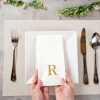 15.8 7.9 Inch 50 Luxenap X Linen-Feel Guest Towels, Lettered Hand Towels - Gold Letter 'R', Sans Serif Font, White