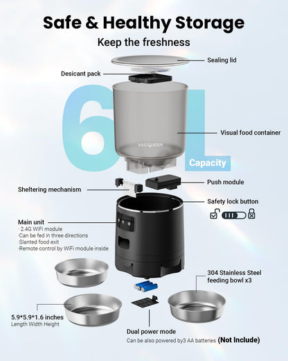 Vacqueen Automatic Cat Feeder for 3 Cats, 6L/25 Cups Smart WiFi Pet Feeder, Strong Anti-Jam System, Dual-Effect Desiccant Cat Food Dispenser, with 10S Voice Recorder for Cats and Small Dog(Black)