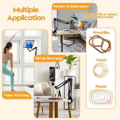 Black Adjustable Embroidery Hoops Stand for Hand Work,3-in-1 Hoop/Tablet/Phone Holder Floor Stand,Embroidery Desktop Stand，Lap Cross Stitch Frame with 360° Rotation,Hand Embroidery Stand