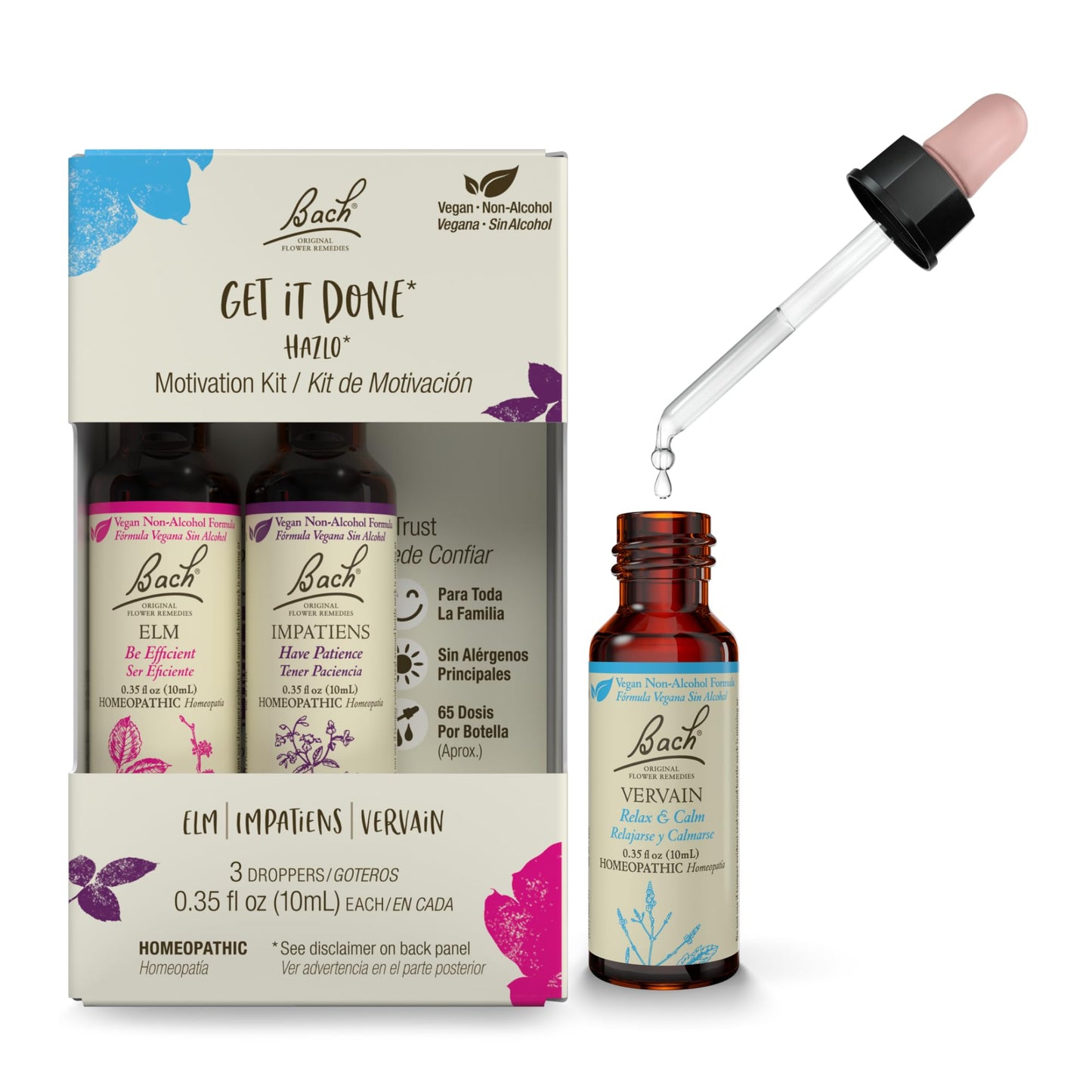 Bach Original Flower Remedies - GET IT DONE Trio Kit - For Motivation (Non-Alcohol Formula) - Natural Homeopathic Flower Essence - Vegan - 3 x 10mL Droppers