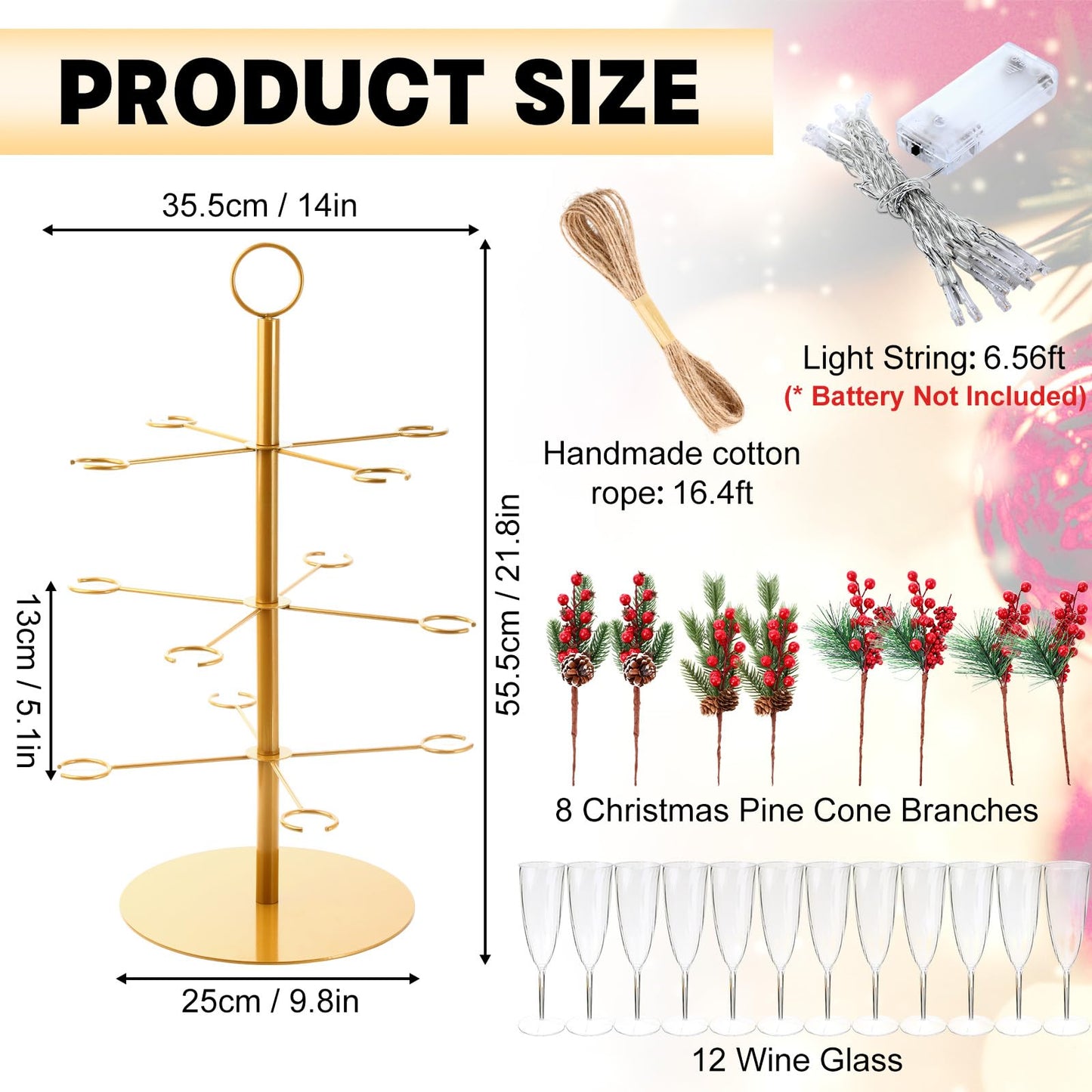 Acellegic 3 Tiers Christmas Gold Cocktail Tree Stand with 12 Holders 12 Pcs 10 oz Wine Glass Light Tree Drink Holder Display Tower with Pinecone Branch for Party Champagne Bar Bridal Shower Wedding