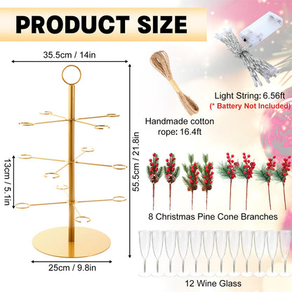 Acellegic 3 Tiers Christmas Gold Cocktail Tree Stand with 12 Holders 12 Pcs 10 oz Wine Glass Light Tree Drink Holder Display Tower with Pinecone Branch for Party Champagne Bar Bridal Shower Wedding