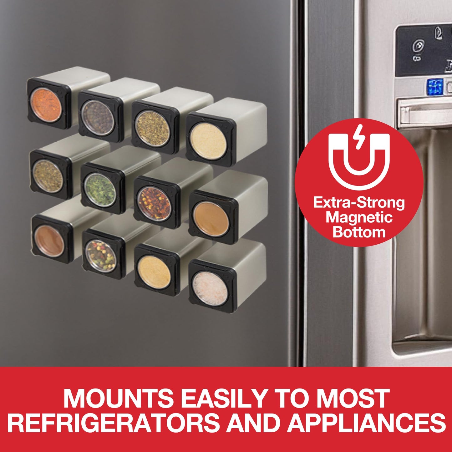 Set of 12 Magnetic Spice Jars, Shake or Pour Containers - Attaches to Most Refrigerator Doors & Appliances, Seasoning Dispensers- Easy Open Window Top Shakers Metal- Space Saving Kitchen Essential