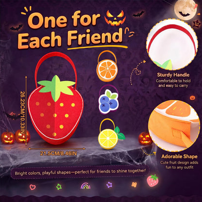 Cosblank 4 Pcs Halloween Fruit Inspired Treat Bags Orange Lemon Strawberry Blueberry Trick or Treat Bags Fruit Handbags for Group Costumes Party Favors and Home Decor
