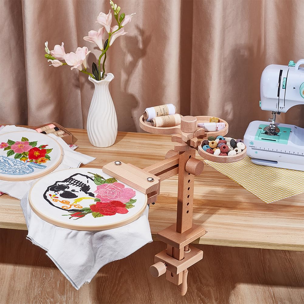 UNICRAFTALE Beech Wooden Embroidery Hoop Holders Stand Adjustable Stitching Stands Hands Sturdy Beech Wood Cross Stitch Stand Built-in Storage Tray for DIY Craft Needlework 38x20x18cm