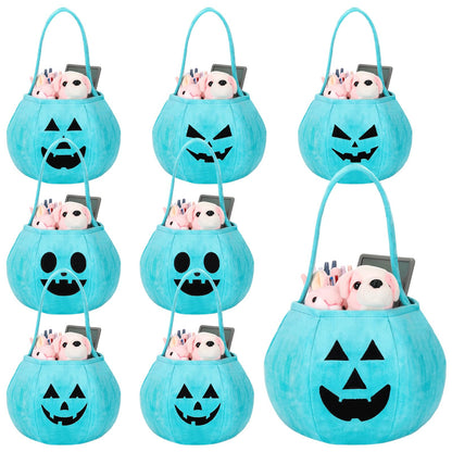 Sunnymove 8 Pcs Halloween Teal Trick or Treat Pumpkin Reusable Bucket 9.8"x7.8" Gold Velvet Candy Bags Portable Halloween Pumpkin Fabric Gift Candy Bucket for Costumes Decoration Party Supplies