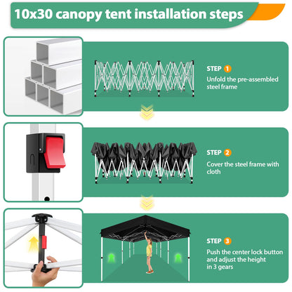 COBIZI 10x30 Party Tent with Wheeled Bag 10x30 Pop up Canopy with One-Push Setup, Outdoor Canopy with 3 Sidewalls Gazebo Event Shelter for Wedding Commercial with Sandbags,Waterproof & UPF50+, Grey