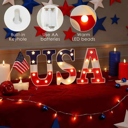 NWLIGHT Light Up letters 4th of July Marquee Lights for Independence Day LED Battery Operated Letter Lights Patriotic USA Letters Holiday Table Centerpiece Home Decoration