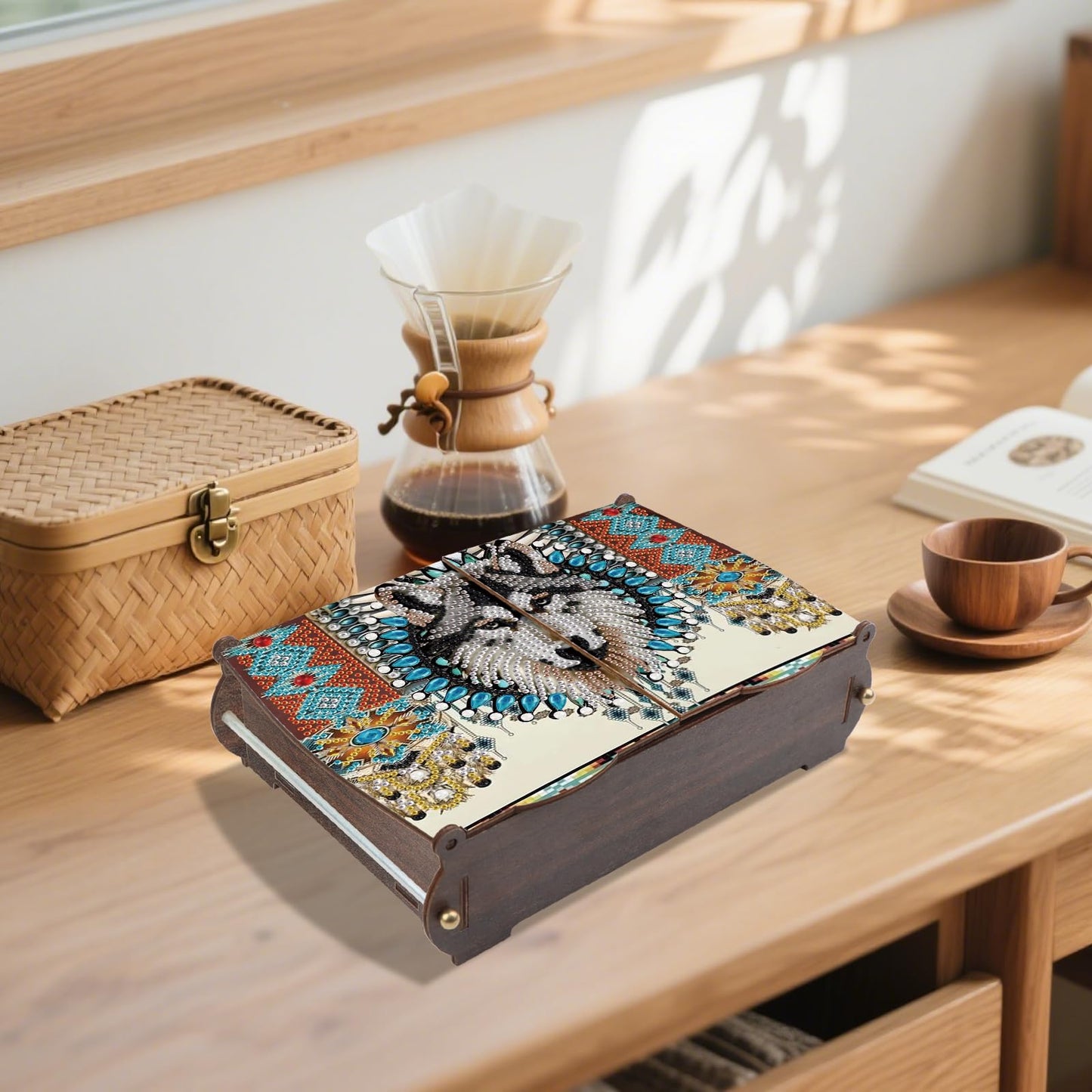 JZHYOAN Diamond Painting Wooden Storage Box, DIY Special Shaped Diamond Art Decorative Organizer with Wolf Head Pattern, Handmade Art Desktop Decorations Birthday Gifts for Home Office Adult