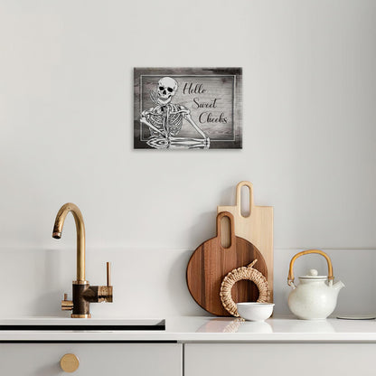 Bathroom Decor Wall Art Halloween Skeleton Canvas Prints Painting Gothic Skull Bathroom Pictures Framed Funny Weird Artwork for Toilet Restroom Washroom 16"x12"