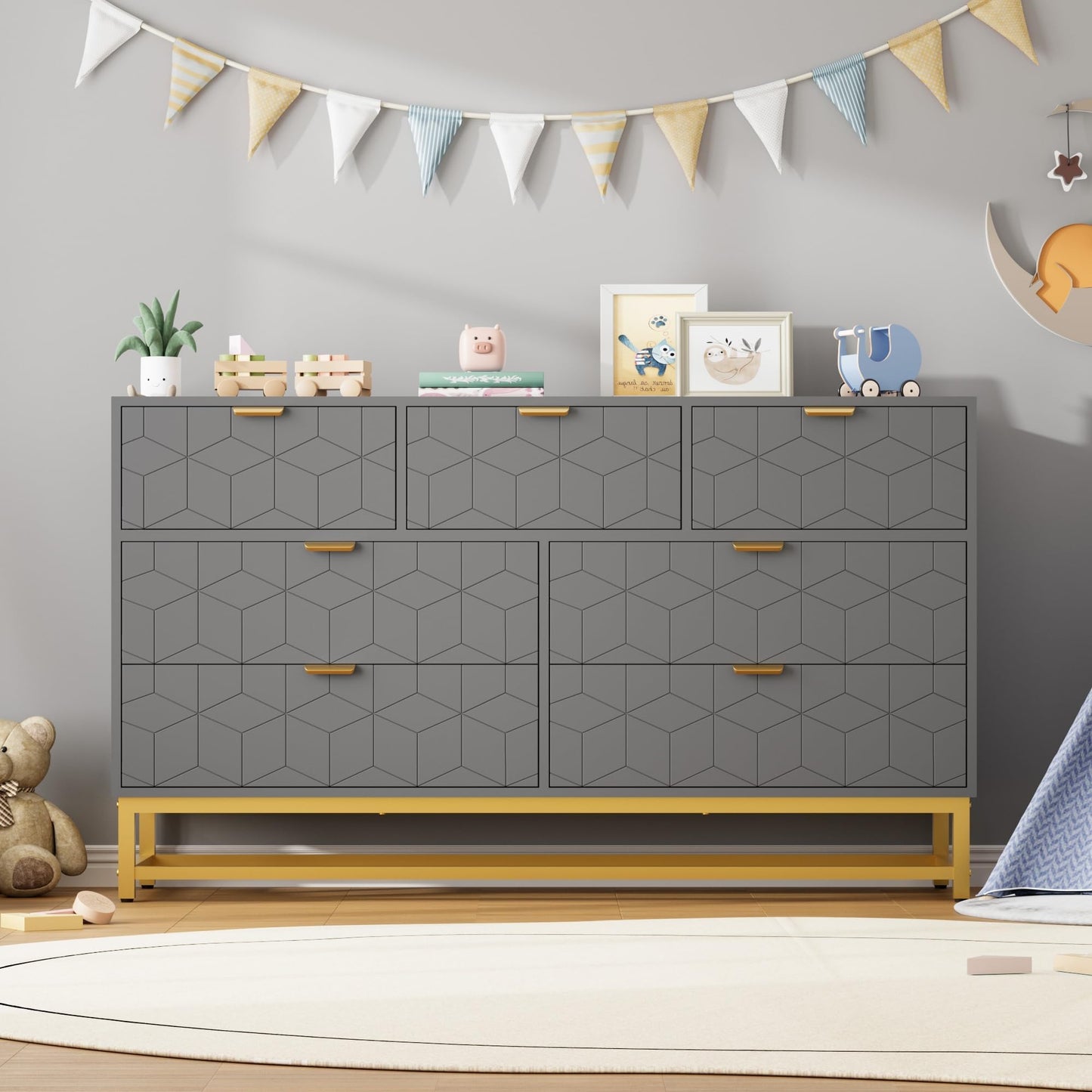 Dresser for Bedroom, 53.5" Wide Dresser Organizer, 7 Drawer with Golden Metal Handle and Legs, Modern Chest of Drawers for Closet, Hallway, Living Room, Entryway, Grey