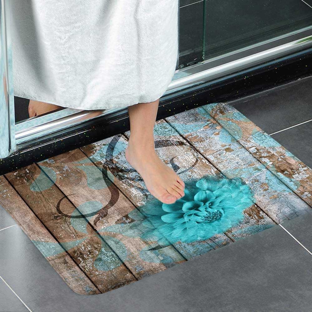 Teal Dahlia Floral Bath Mat on Rustic Wooden Plank, Non-Slip Soft Doormat for Kids, 17x29 Indoor Outdoor Entryways