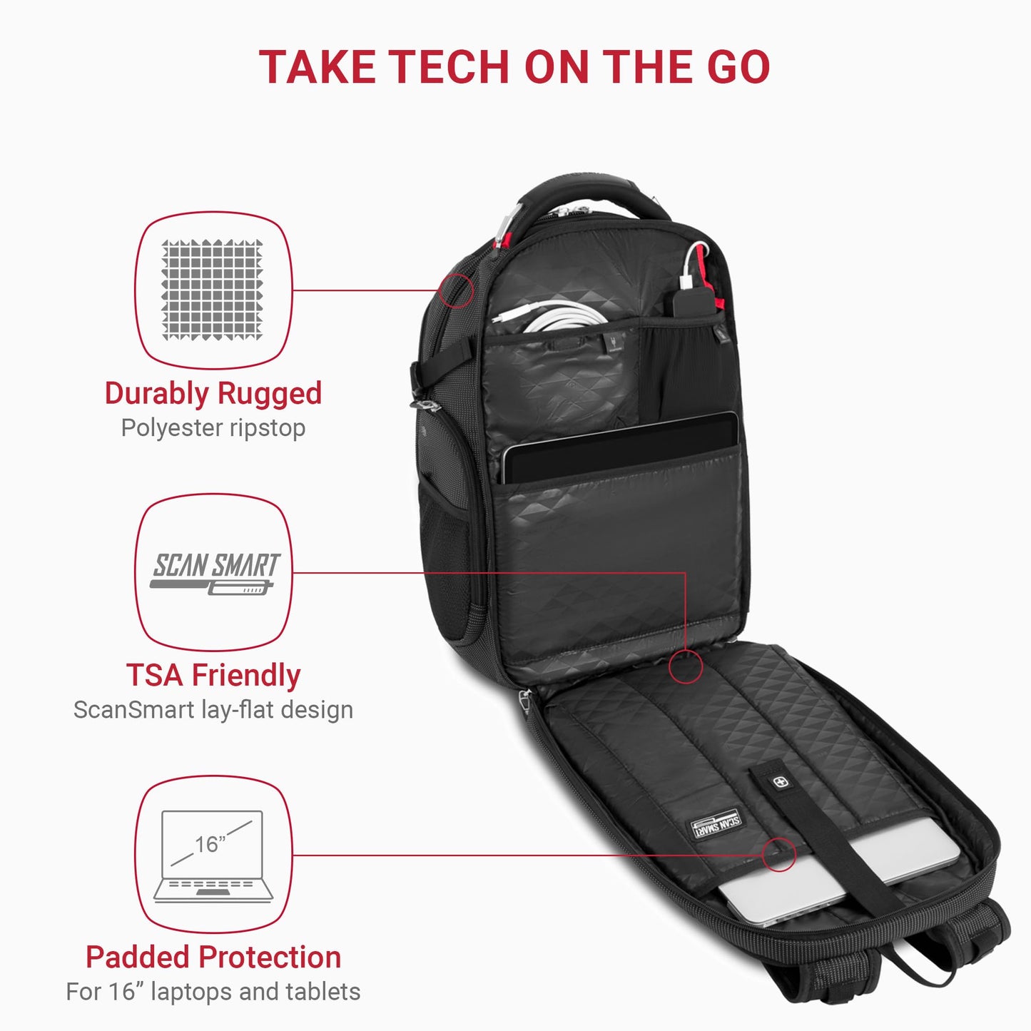 SwissGear Travel Tech Elite Laptop Backpack – Fits Laptops up to 16” – ScanSmart TSA-Friendly Backpack with USB Port, Shoe Compartment & Organizer Pockets – Black Dot