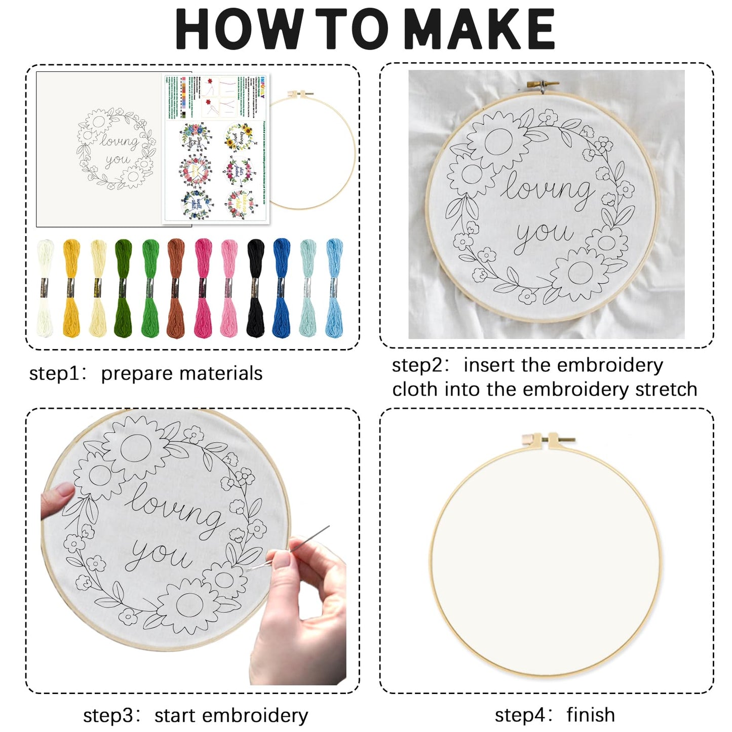 INFUNLY 6 Pack Wreath Embroidery Starter Kit for Beginners Inspirational Word DIY Embroidery Kits for Adult Loving You Stamped Needlepoint Set with Step-by-Step Instructions Threads Craft Lover Gift
