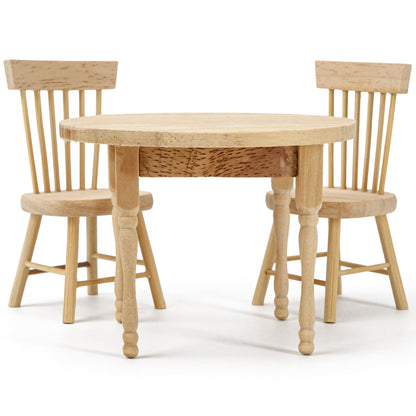 1/12 Miniature Dollhouse Round Table and 2 Chairs Dining Set, Mini Wooden Unpainted Burlywood Barbie Kitchen Furniture Accessories