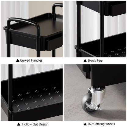 LLMRR 3 Tier Rolling Utility Cart with Drawer, Plastic Storage Organizer Rolling Carts with Wheels Handles Hanging Cups Hooks for Office, Bathroom, Kitchen,Craft Art Room (Black)