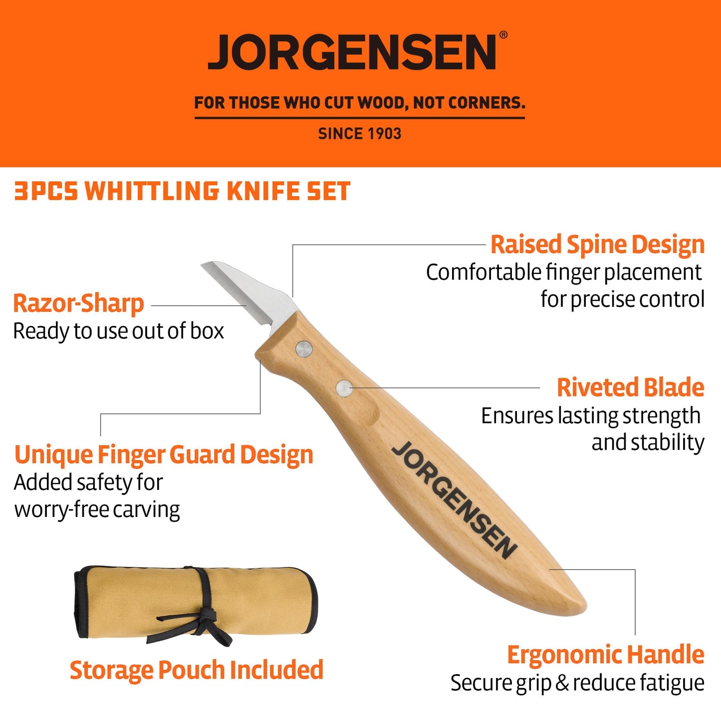 Jorgensen 3-Piece Wood Carving Tools, Stainless Steel Whittling Knife Set with Canvas Pouch, Protective Blade Cover, Ergonomic Curved Handle - Professional Wood Carving Kit for Beginners