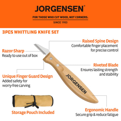 Jorgensen 3-Piece Wood Carving Tools, Stainless Steel Whittling Knife Set with Canvas Pouch, Protective Blade Cover, Ergonomic Curved Handle - Professional Wood Carving Kit for Beginners